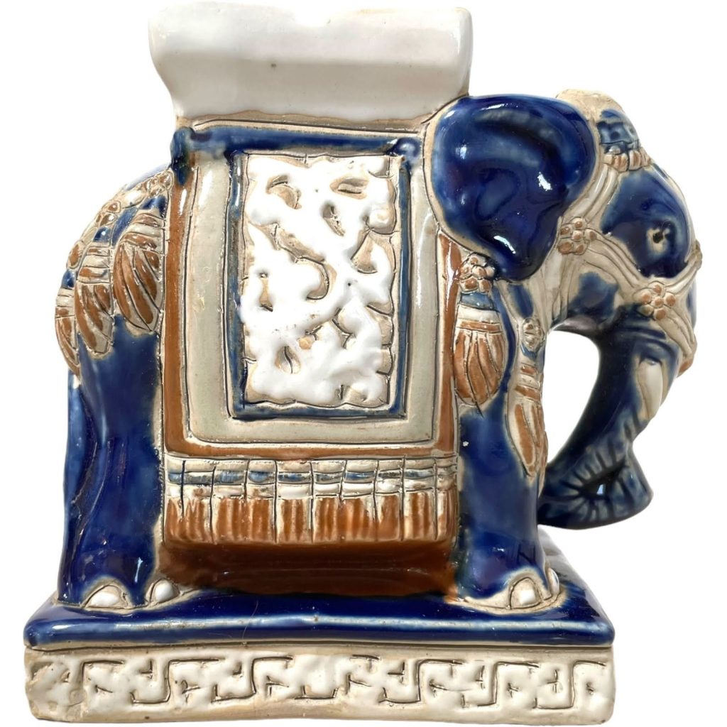 Vintage Small Chinese Elephant Ceramic Pot Stand Plinth Rest Brown Blue White Small Vase Pot c1970-80’s