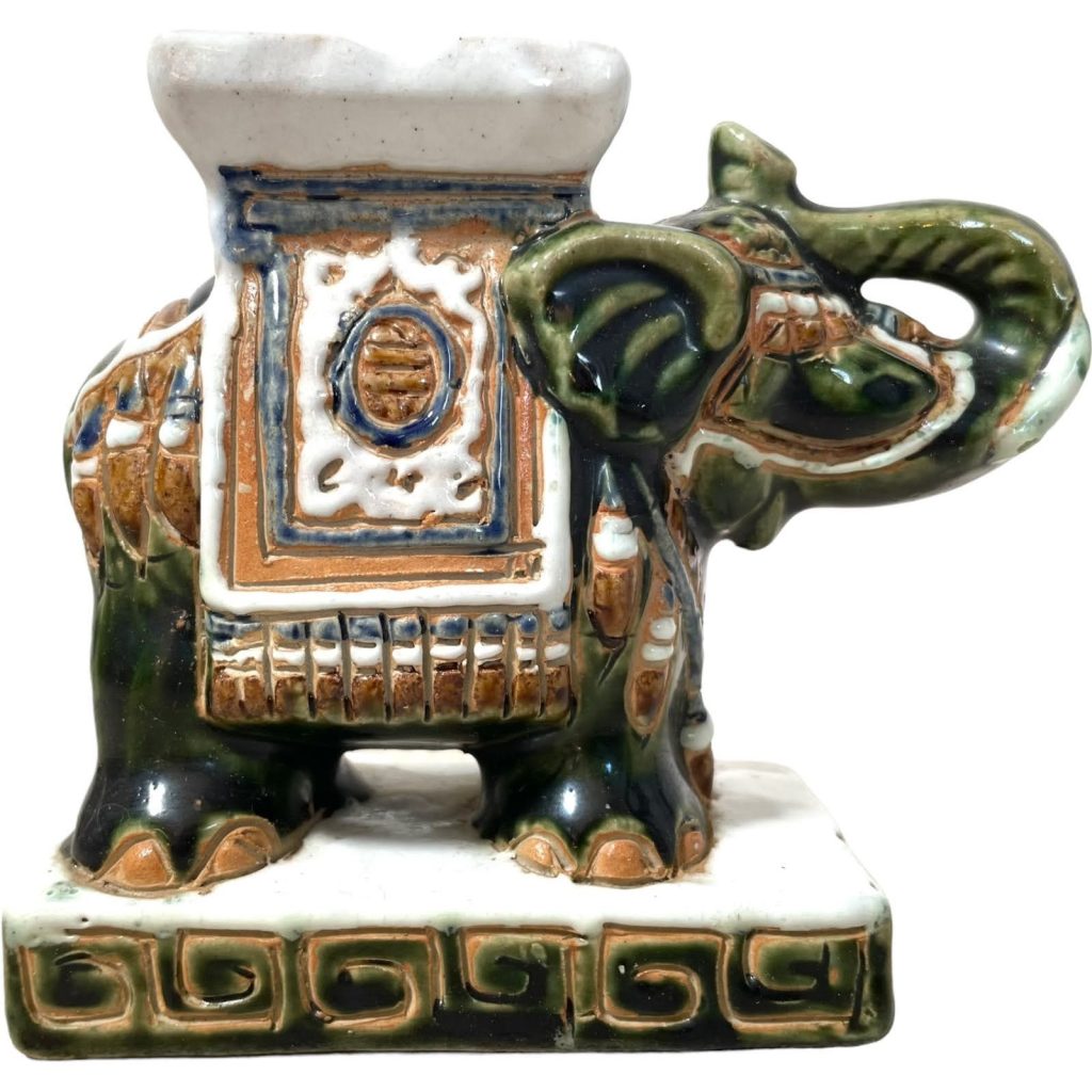 Vintage Small Chinese Elephant Ceramic Pot Stand Plinth Rest Green Brown White Small Vase Pot c1970-80’s