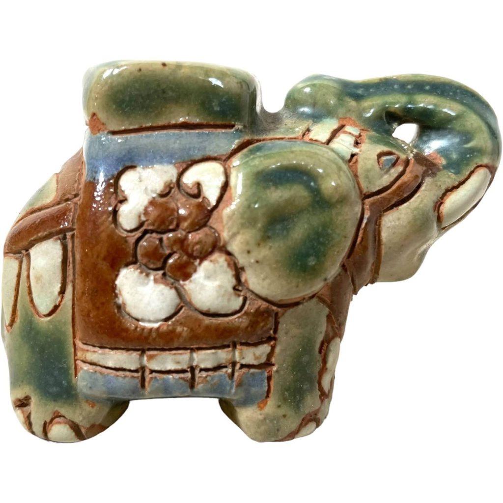 Vintage Tiny Chinese Elephant Ceramic Pot Stand Plinth Rest Brown Green Small Vase Pot Ashtray c1970-80’s