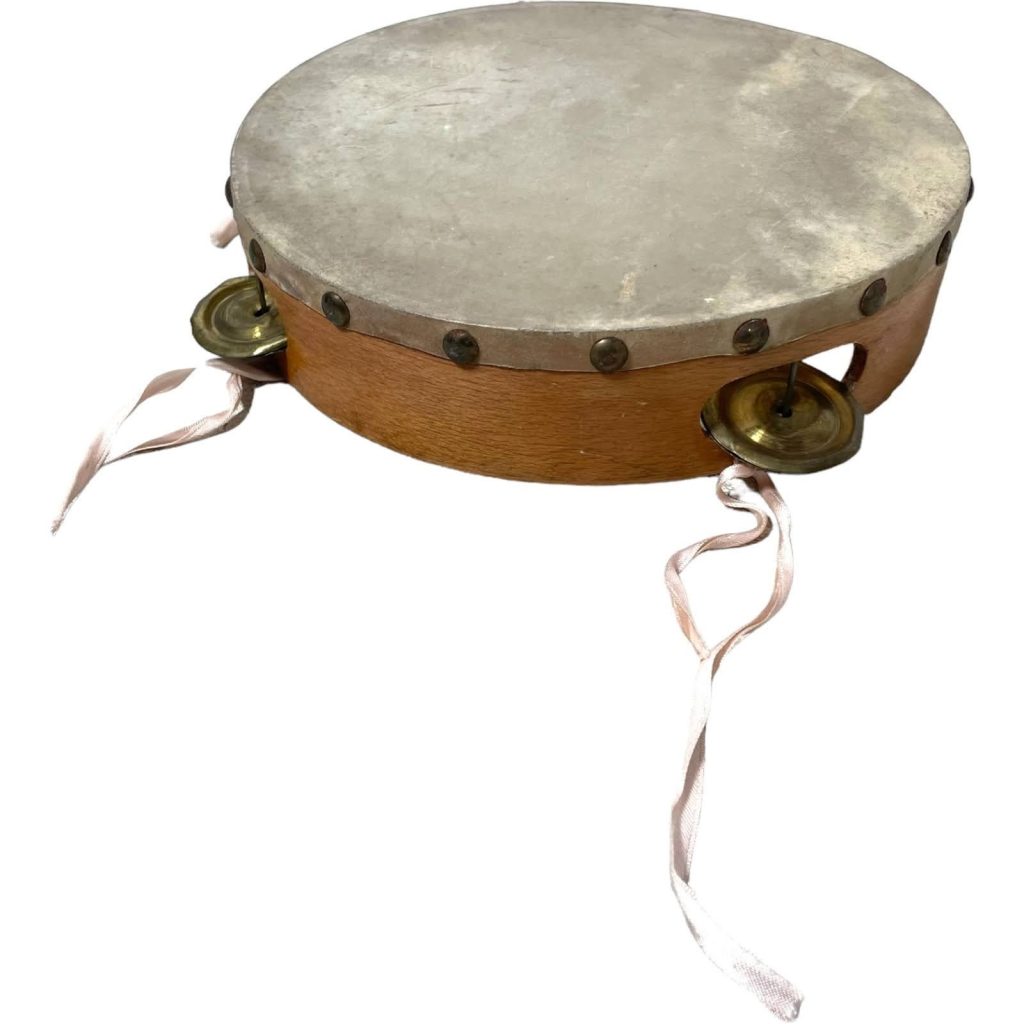 Vintage French Wood Tambourine Drum Musical Instrument Percussion Folk Decor circa 1960-70's