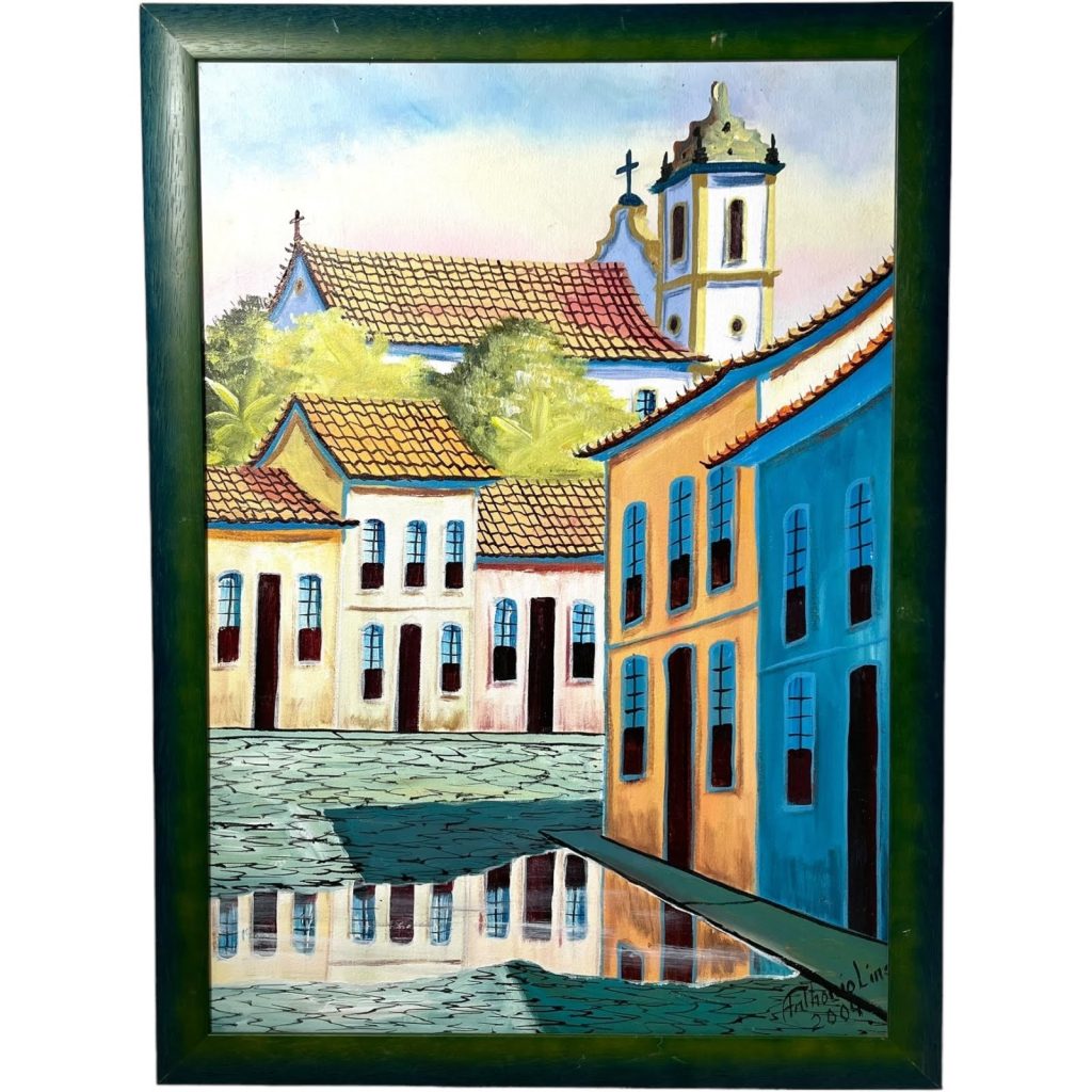 Vintage French Original Art Church Town Building Framed Acrylic Painting On Canvas On Wooden Frame 2004