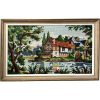 Vintage French Tapestry Country Cottage On Lake Trees Framed Wall Hanging circa 1970's