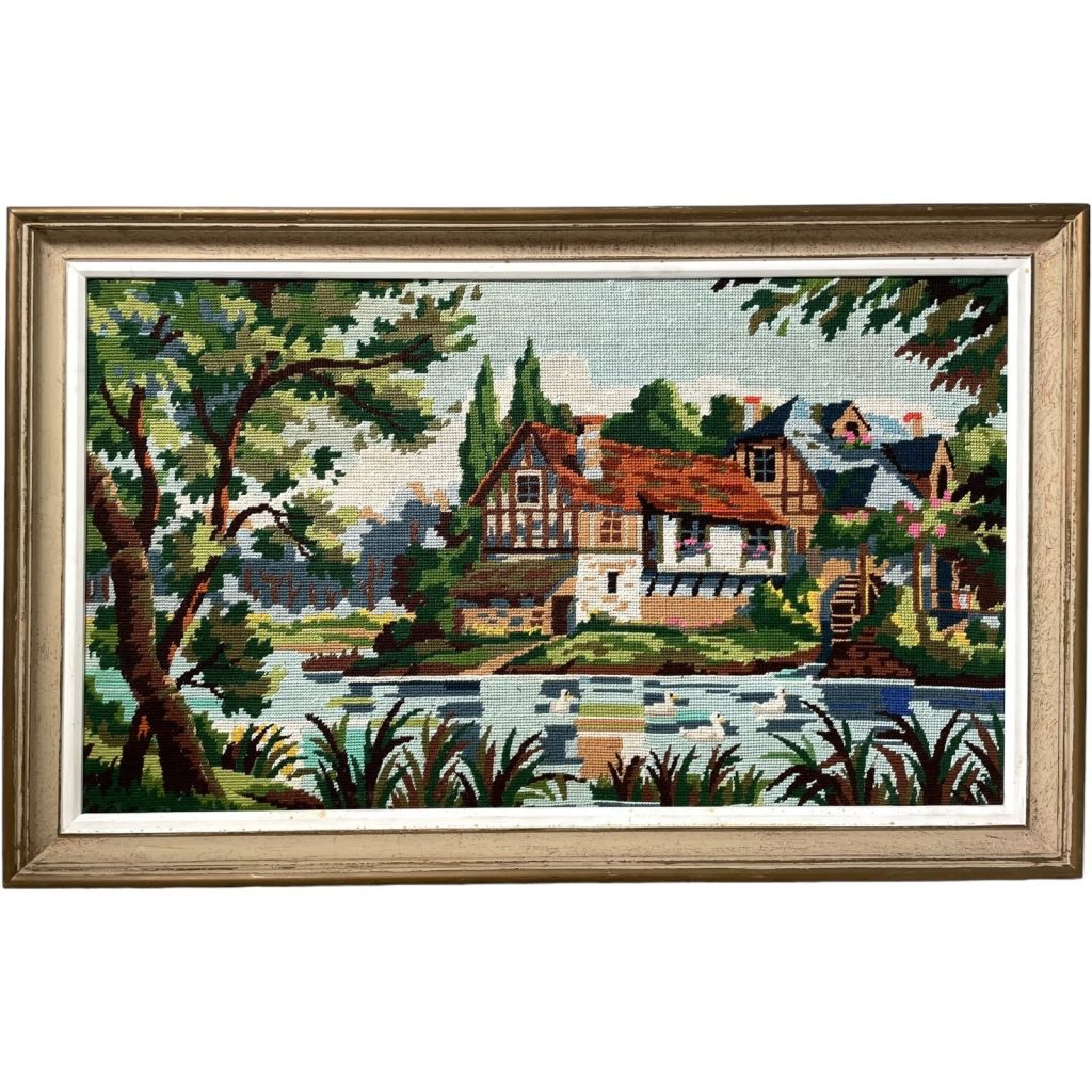 Vintage French Tapestry Country Cottage On Lake Trees Framed Wall Hanging circa 1970’s