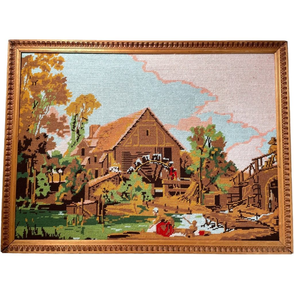 Vintage French Tapestry Country Water Mill Cottage On River Trees Framed Wall Hanging circa 1970’s