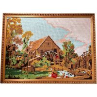 Vintage French Tapestry Country Water Mill Cottage On River Trees Framed Wall Hanging circa 1970's