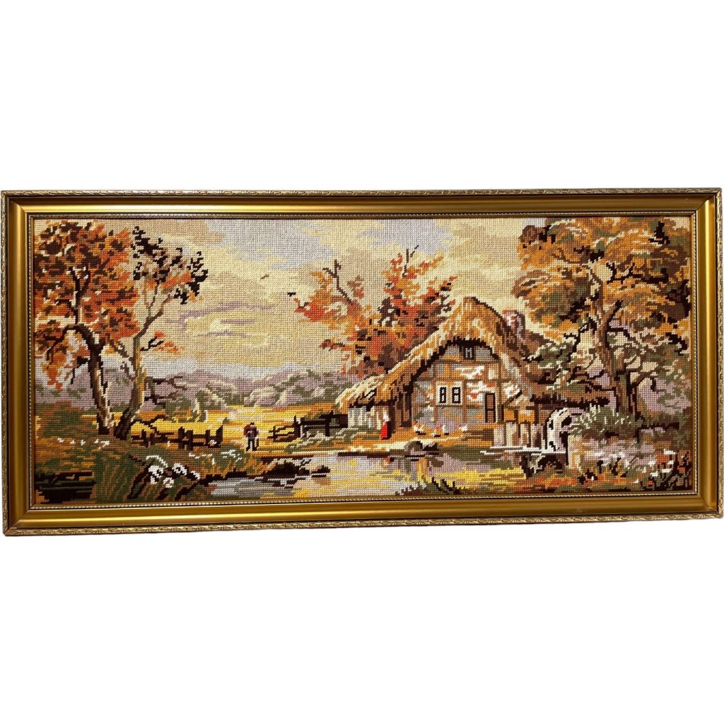 Vintage French Tapestry Country Water Mill Cottage On River Trees Framed Wall Hanging circa 1970’s