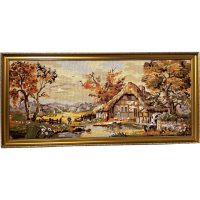 Vintage French Tapestry Country Water Mill Cottage On River Trees Framed Wall Hanging circa 1970's