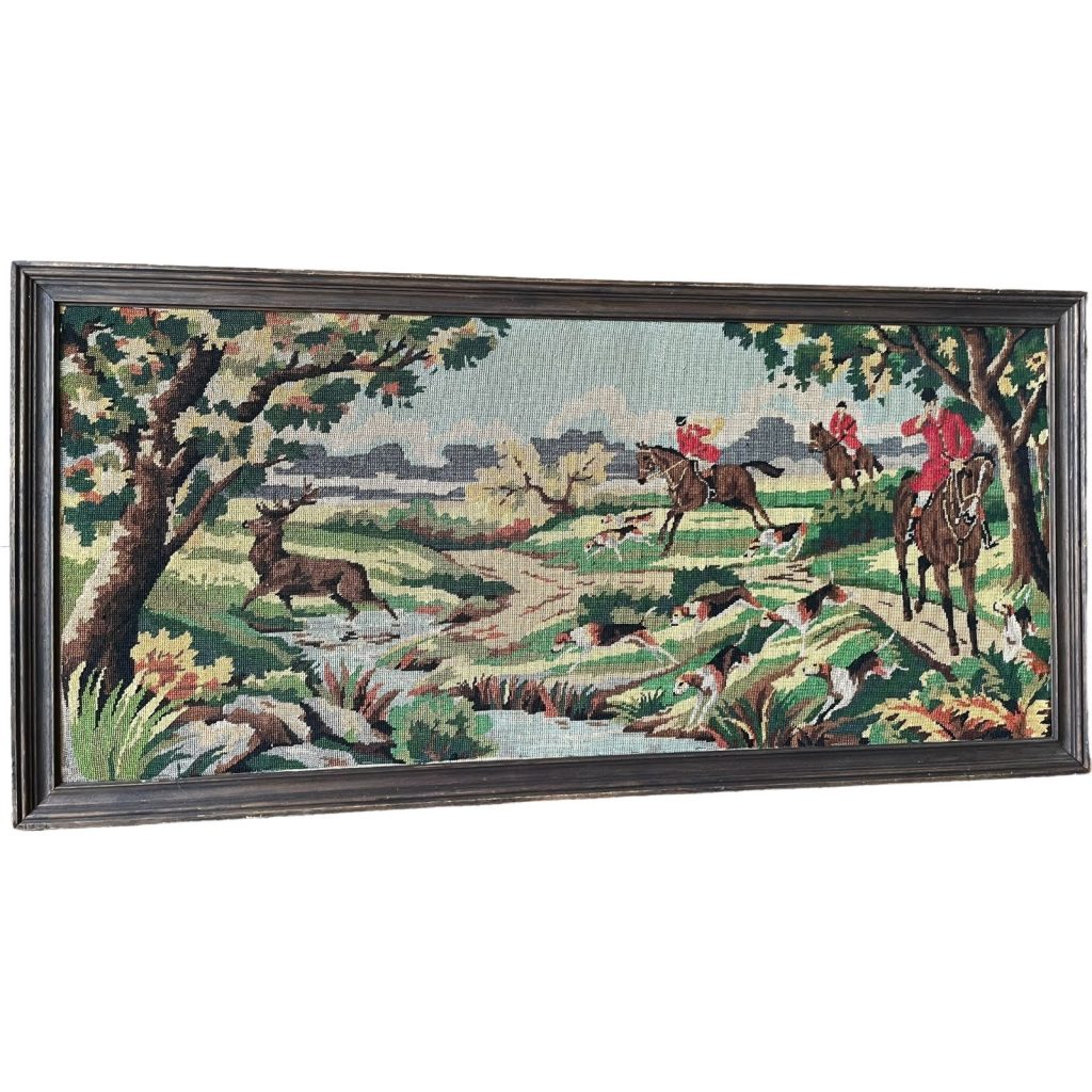 Vintage French Large Tapestry Hunting Scene Dogs Horses Countryside Trees Framed Wall Hanging circa 1970’s