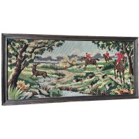 Vintage French Large Tapestry Hunting Scene Dogs Horses Countryside Trees Framed Wall Hanging circa 1970's