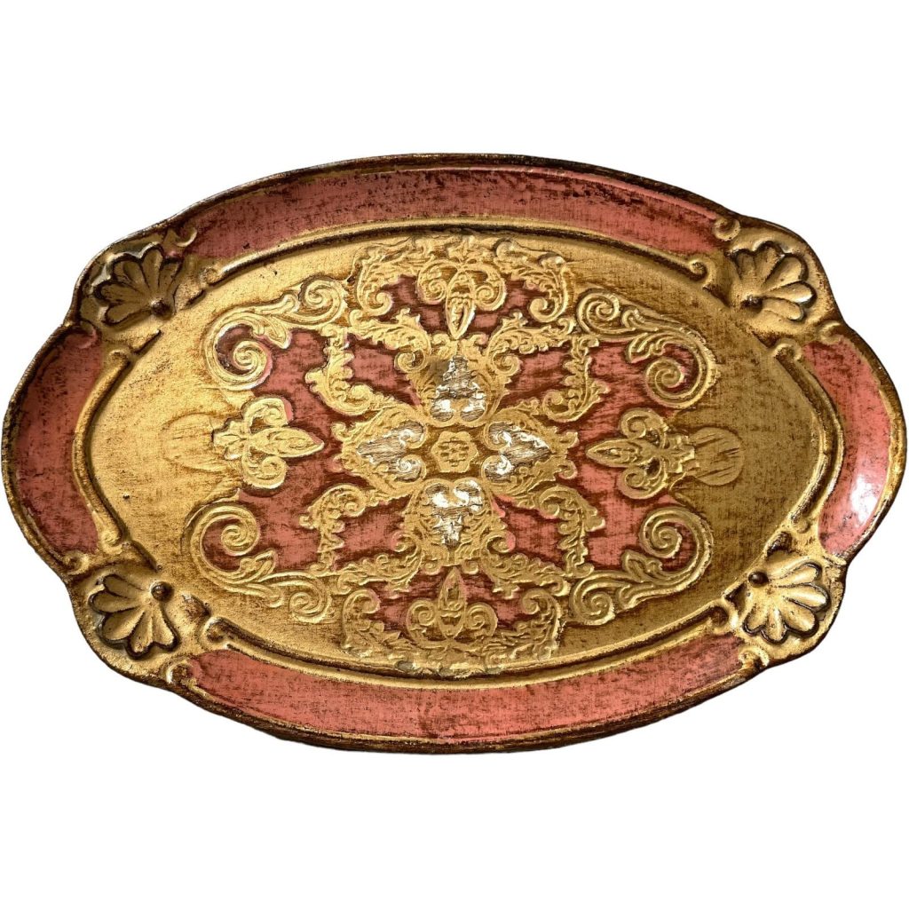 Vintage Italian Florentine Florence Pink Gold Wood Ornately Decorated Small Tiny Serving Tray Trivet Table Decoration c1970-80’s