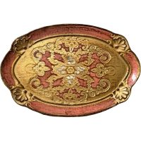 Vintage Italian Florentine Florence Pink Gold Wood Ornately Decorated Small Tiny Serving Tray Trivet Table Decoration c1970-80's