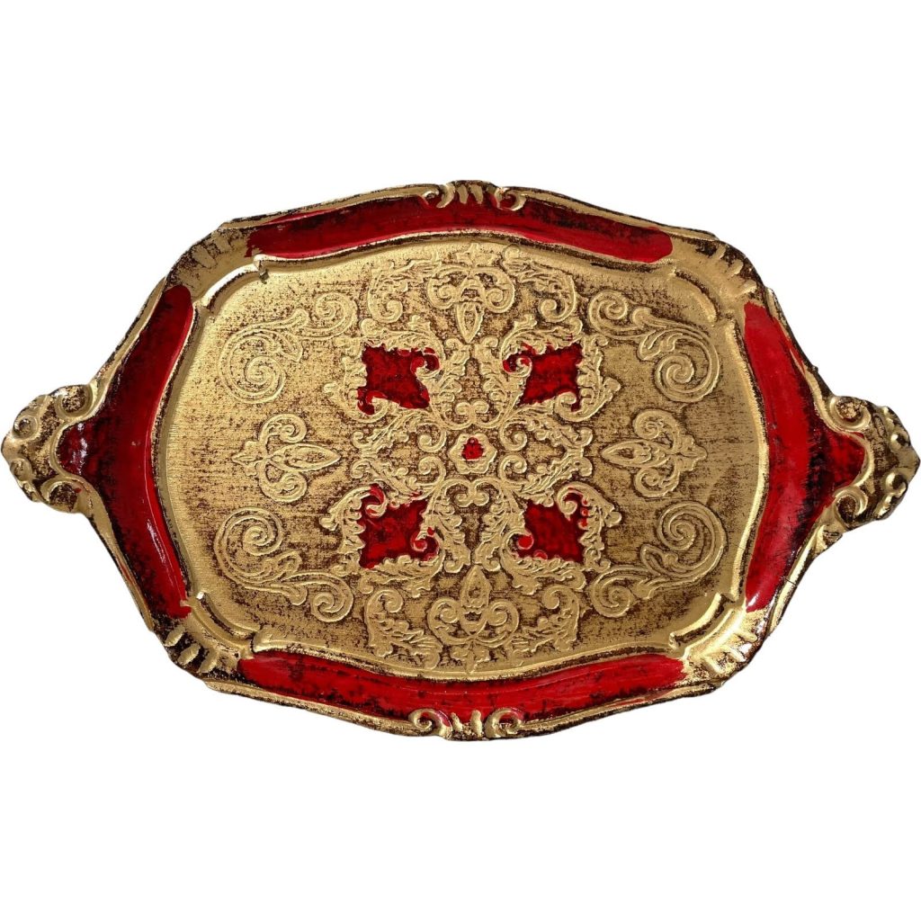Vintage Italian Florentine Florence Red Gold Ornately Decorated Small Serving Tray Trivet Table Decoration c1970-80’s