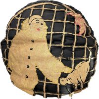 Vintage French Pantomime Pierrot Embroidered Linen Cut Out Feather Down Stuffing Damaged Black Circular Decor Couch Sofa c 1970's