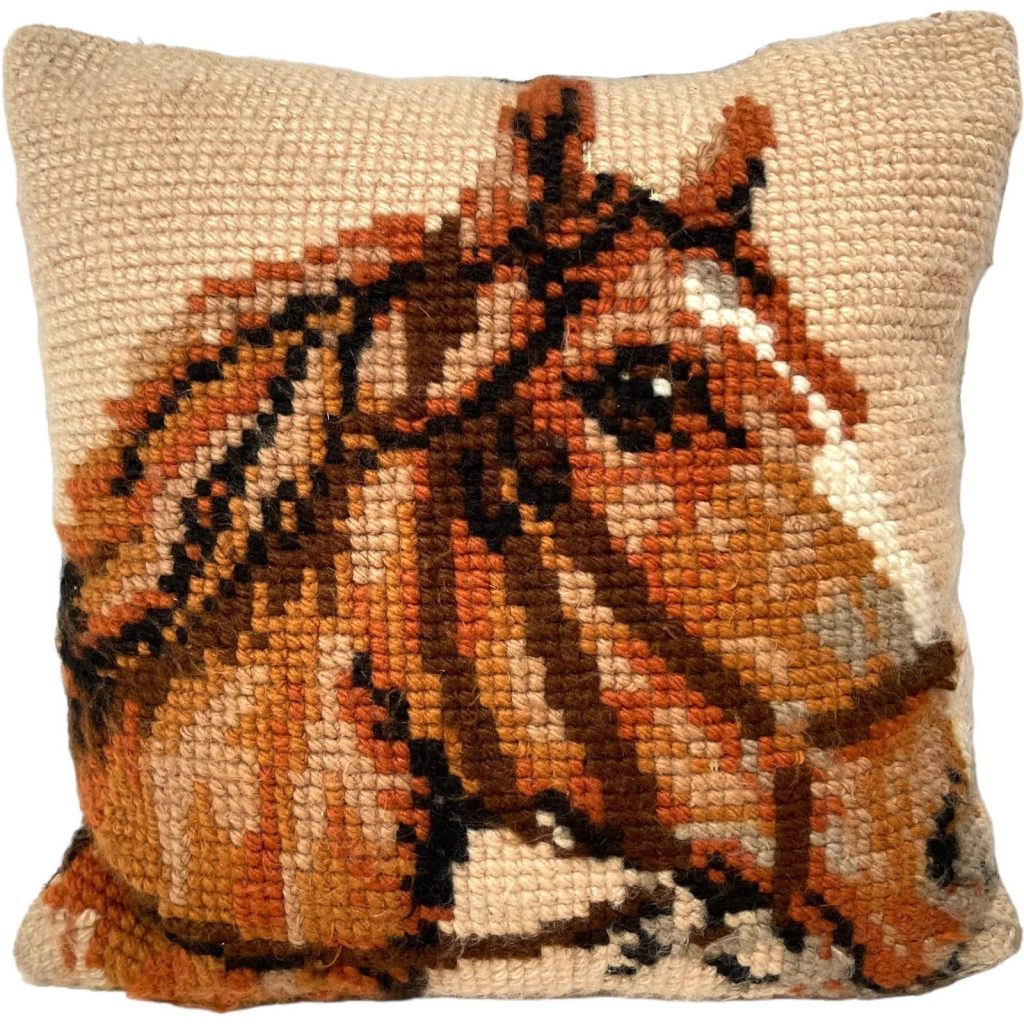 Vintage French Cross Stitch Pillow Pillows Brown Horse Head Couch Bed Chair Sofa circa 1960-70’s