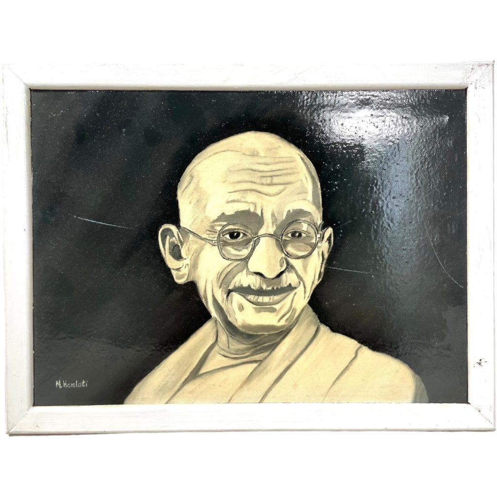 Vintage French Varnished Painting Original Artwork Portrait Moment In Time Art Mahatma Gandhi Signed M. Hamlati c1990-2000