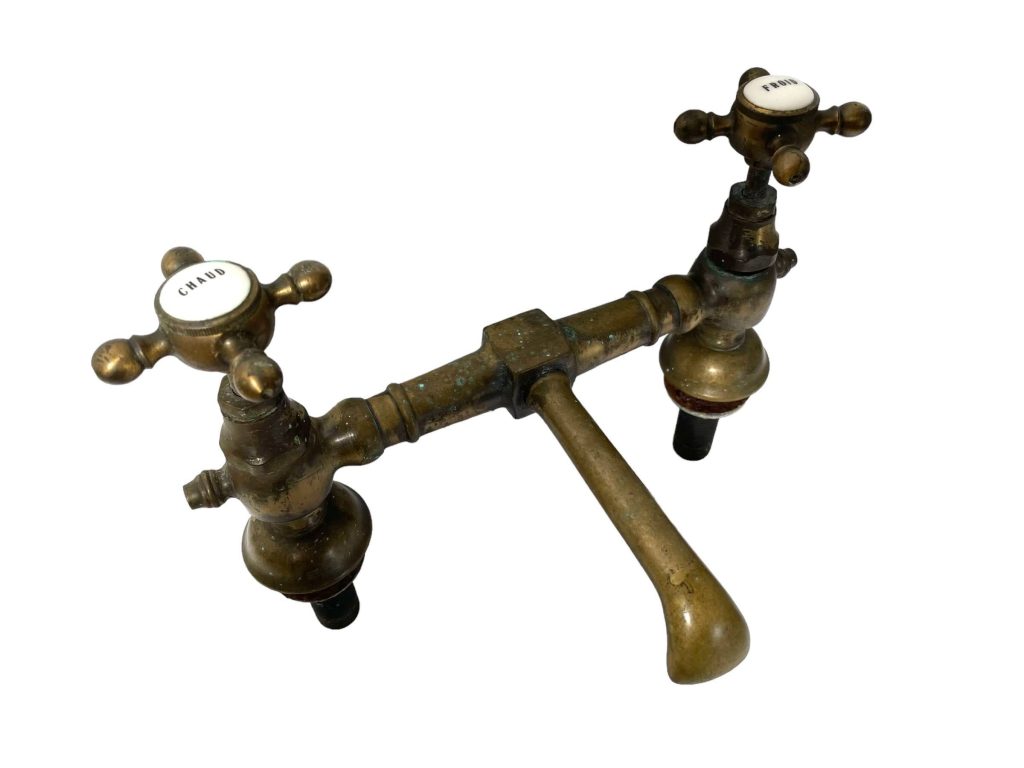 Antique French Brass Copper Metal Kitchen Sink Bathroom Hot Cold Froid Chaud Faucet Water Tap Plumbing Taps c1910-20s