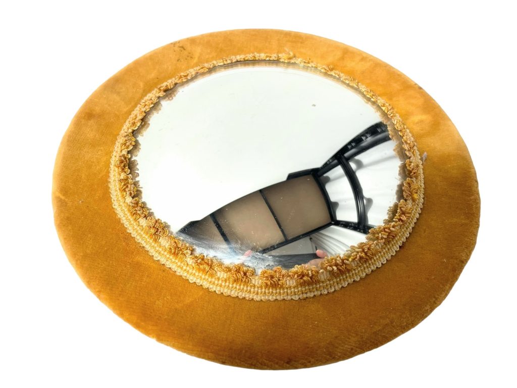 Vintage French Small Ornate Velvet Wrapped Bubble Convex Glass Wall Hanging Mirror Decorative Cloakroom c1950-60's