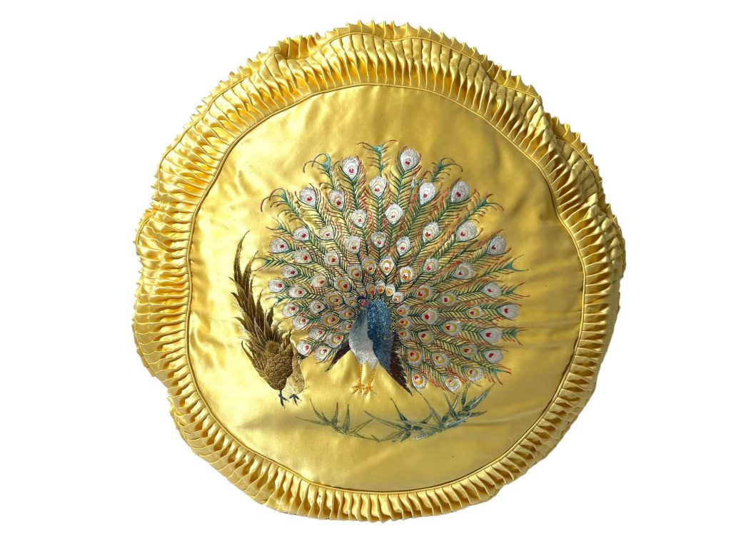 Vintage French Yellow Embroidery Peacock Round Pillow Pillows Cushion Bed Chair Sofa circa 1970-80???s