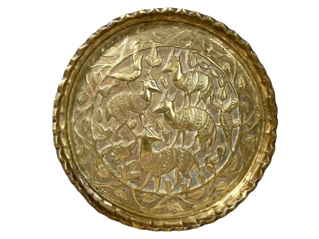 Vintage Indian Tray Decorative Brass Plate Metal Circular Dish Platter Decorative Table Tarnish Patina c1960-70’s