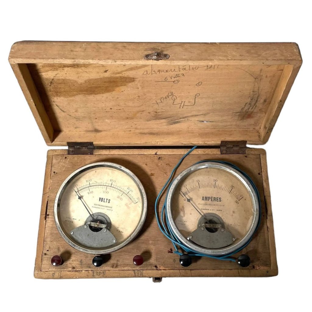 Vintage French Home Made Case Amp Amperes Voltage Meter electrical equipment wooden cased Paris circa 1950-60's