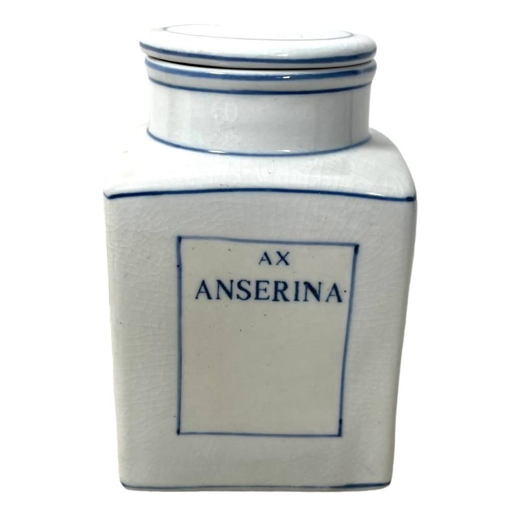 Vintage French Apothecary Ax Anserina Silver Weed Extract Ceramic Bottle Pharmacy Medical Chemist Bottle Decanter Storage c1970-80’s