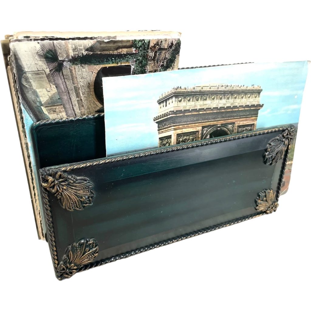Vintage French Green Black Bakelite Ornately Decorated Small Desktop Letter Note Picture Stand c1950-60's