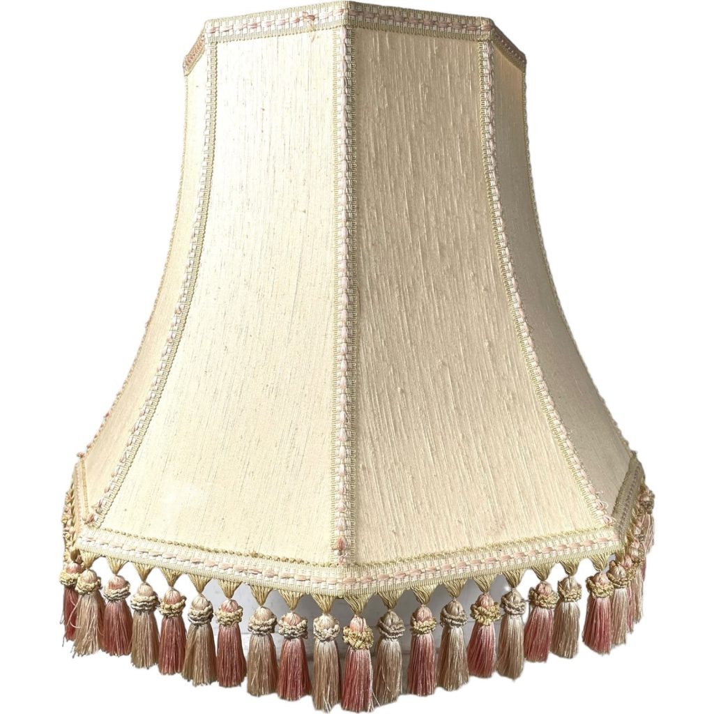 Vintage French Beige Brocade Natural Silk Tassle Fringe Lamp Shade Lampshade Desk Table Light WORN DAMAGE c1960-70’s