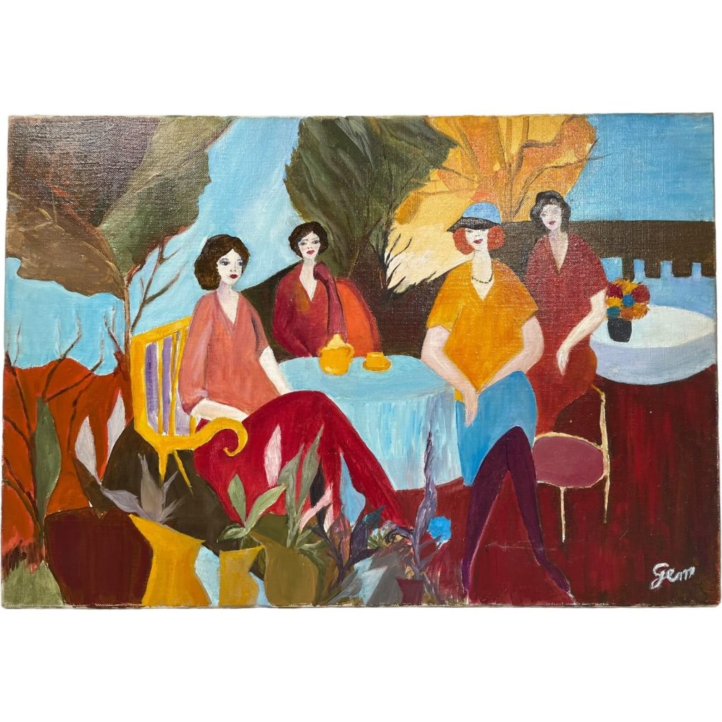 Vintage Painting French Ladies Having Tea By Gem Acrylic Original Art On Canvas c1970-80’s