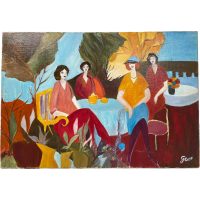 Vintage Painting French Ladies Having Tea By Gem Acrylic Original Art On Canvas c1970-80's
