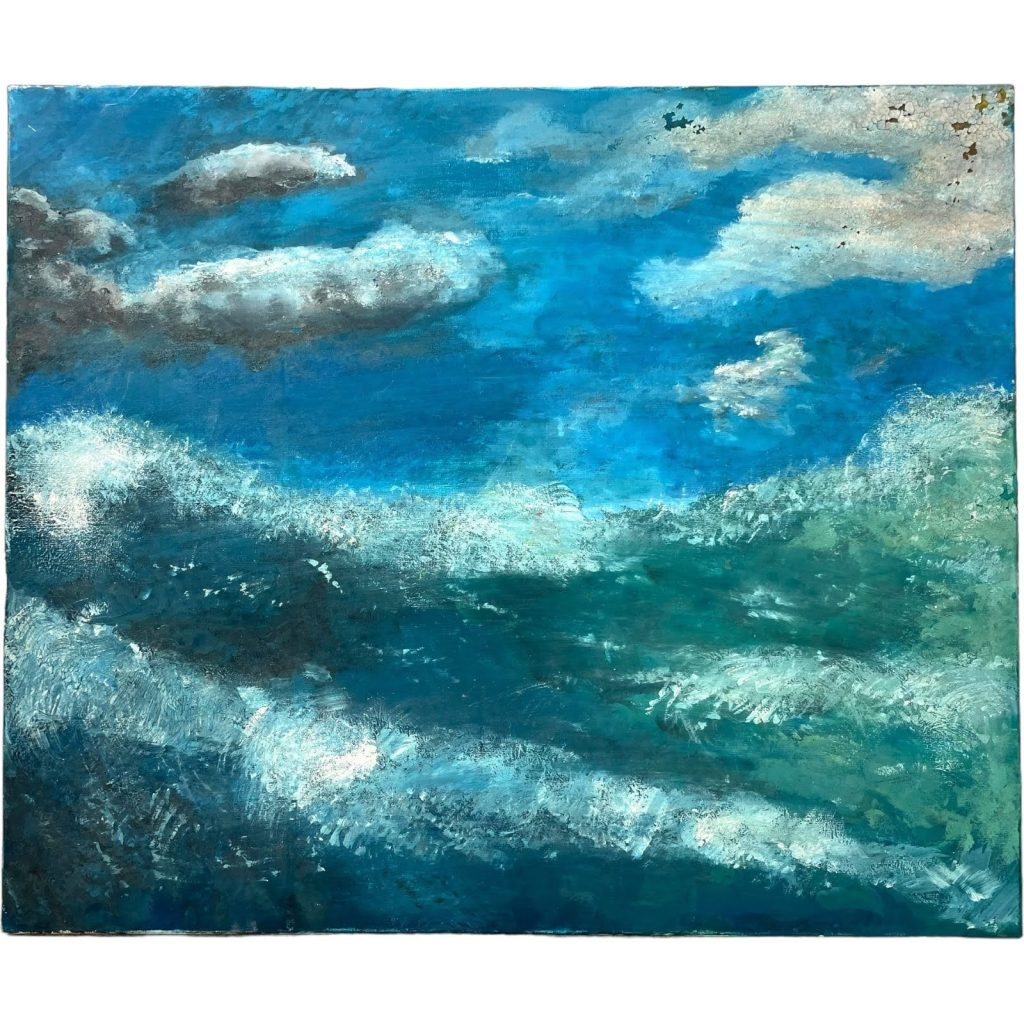 Vintage Painting French Blue Green Sea & Sky Acrylic Original Art On Canvas c1970-80’s