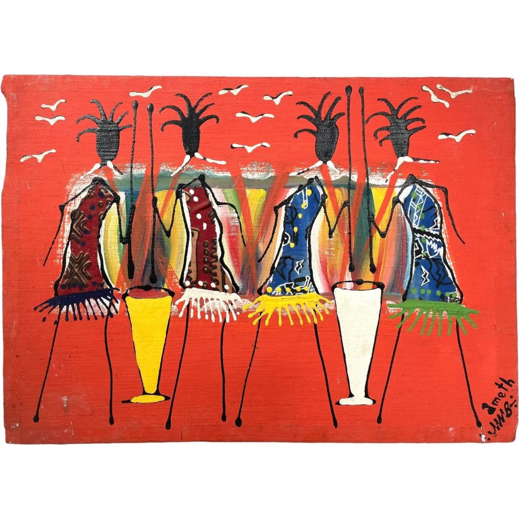 Vintage African Women Beating Grain In Costume Acrylic Portrait Painting On Canvas Colourful Art Signed Billic circa 1980’s