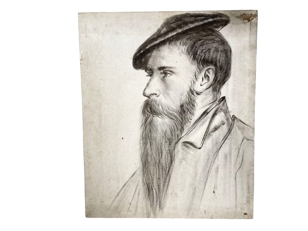 Vintage French Pencil Homage Drawing Sketch Study William Reskimer Hans Holbein Portrait On Canvas Art c1980-90’s