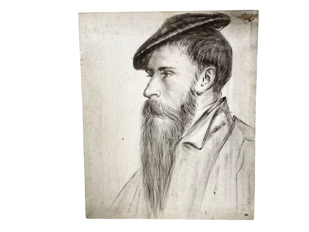 Vintage French Pencil Homage Drawing Sketch Study William Reskimer Hans Holbein Portrait On Canvas Art c1980-90's