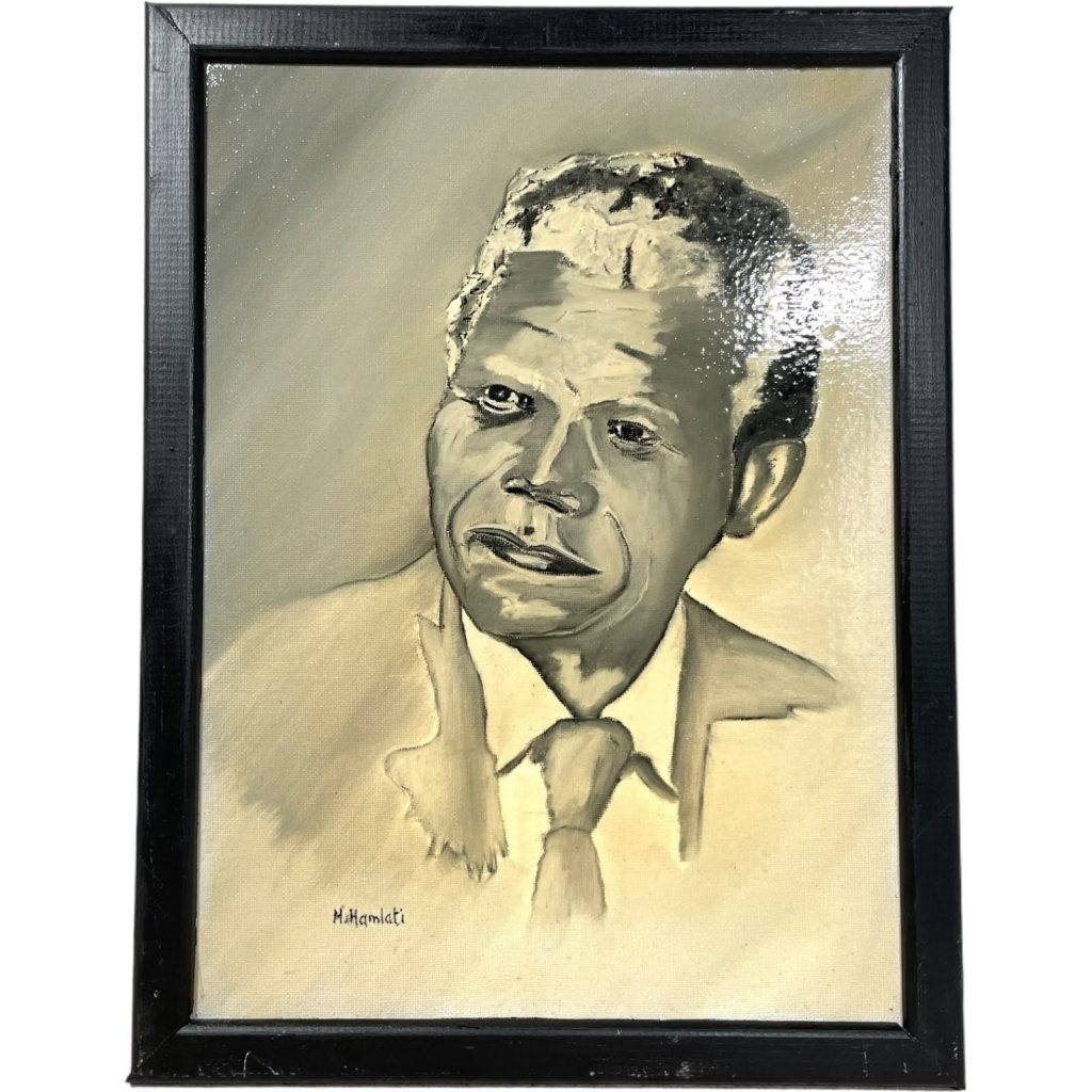 Vintage French Varnished Painting Original Artwork Portrait Moment In Time Art Nelson Mandela Signed M. Hamlati c1990-2000