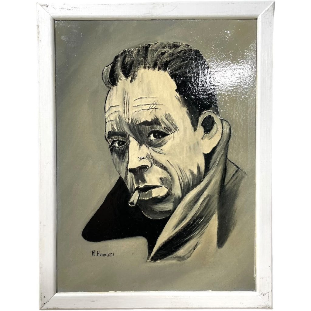 Vintage French Varnished Painting Original Artwork Portrait Moment In Time Art Humphrey Bogart Signed M. Hamlati c1990-2000