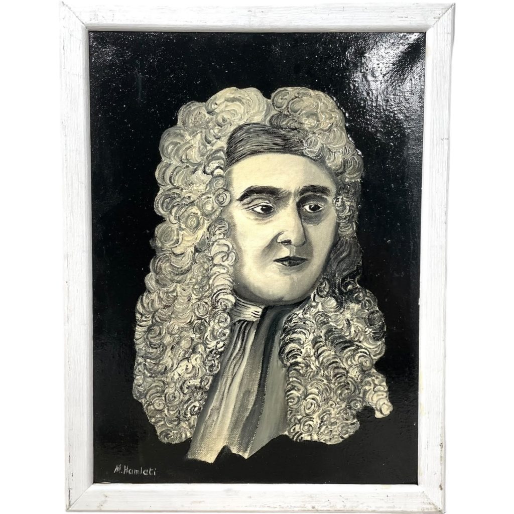 Vintage French Varnished Painting Original Artwork Portrait Moment In Time Art Isaac Newton Signed M. Hamlati c1990-2000