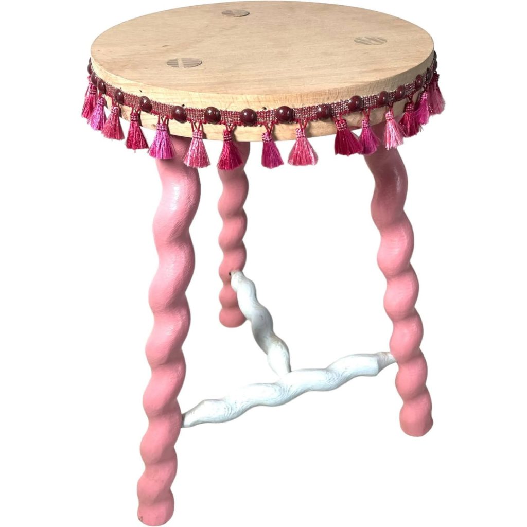 Vintage French Twisty Spiral Medium Stool Refurbished Pink Tassles Rustic Rural Table Wooden Wood Chair Seat Stand Pot c1950-60’s