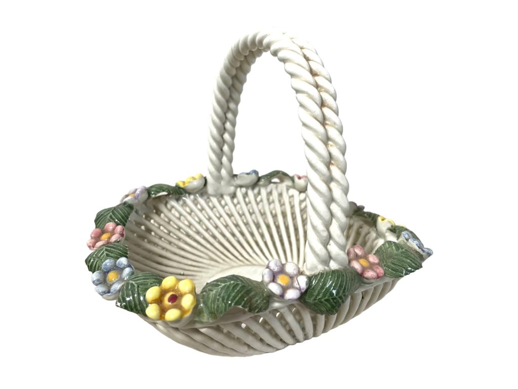Vintage French Porcelain Lattice Handled Basket Decorative Cache Pot Flower Basket Plant Holder Glazed Ceramic White c1950???s