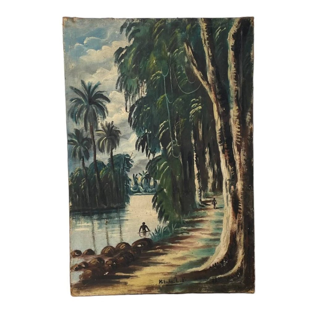Vintage African Tropical Forest Jungle River Painting Acrylic Skyline Bushes Palm Trees Scenic On Canvas Signed c1950’s