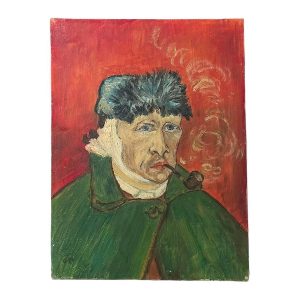 Vintage French Oil Homage Study Vincent Van Gogh Portrait On Canvas Art Signed GM c1960-70’s