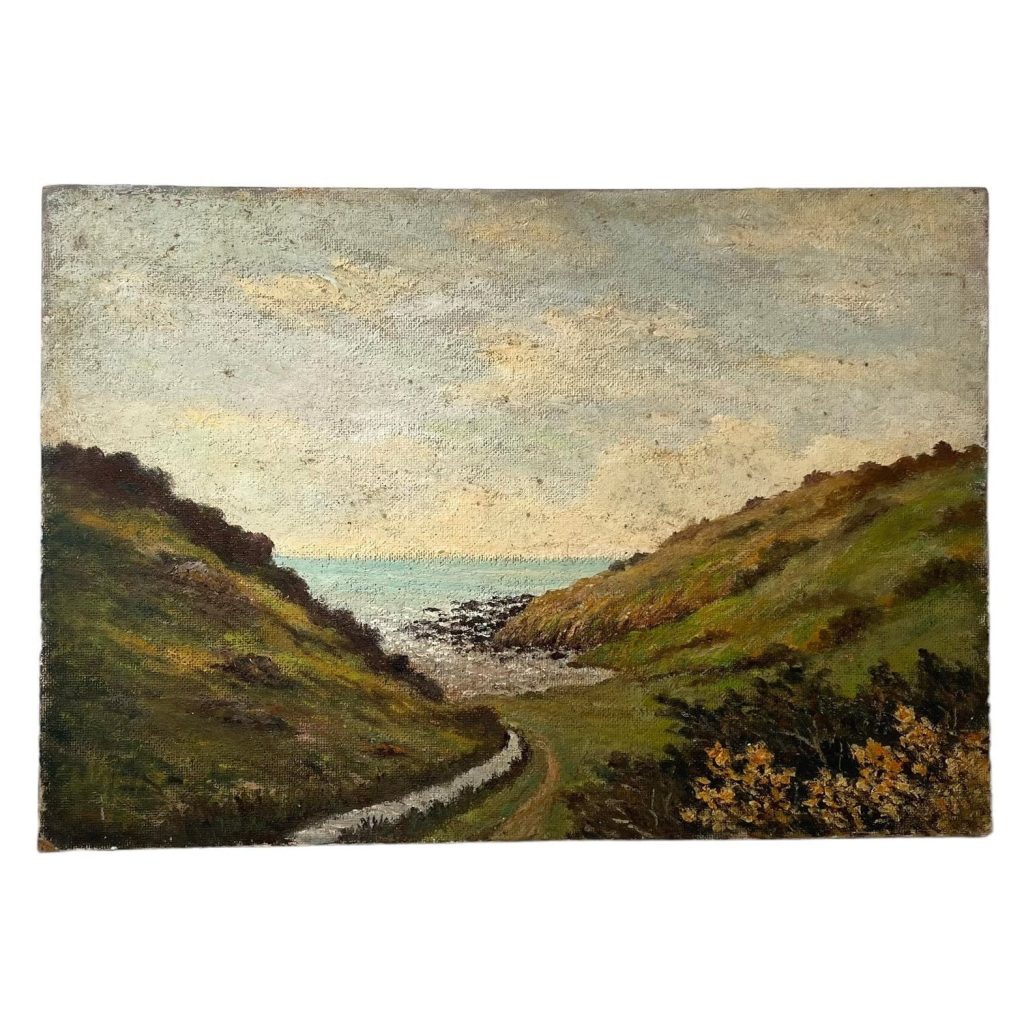 Vintage French Oil Painting Normandy Countryside Sea Side On Board Art Signed GS c1950’s