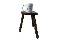 Alternative view of Vintage French Stool Chair Seat Wooden Milking Kitchen Table D Shaped Seat Bobbin Leg Plant Rest Stand Plinth Tabouret c1960's