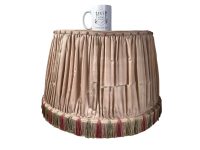 Alternative view of Vintage French Worn Damaged Green Pink Beige Pleated Cotton Tassel Fringe Lamp Shade Lampshade Large Ceiling Light c1950's