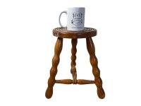 Alternative view of Vintage French Stool Chair Seat Wooden Milking Kitchen Round Shaped Seat Braced Bobbin Leg Plant Rest Stand Plinth Tabouret c1970's
