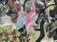 Alternative view of Vintage French Hand Woven Cross Stitch Arts And Crafts Wall Hanging Pink Bird Flowers Wall Hanging Picture c1980-90's