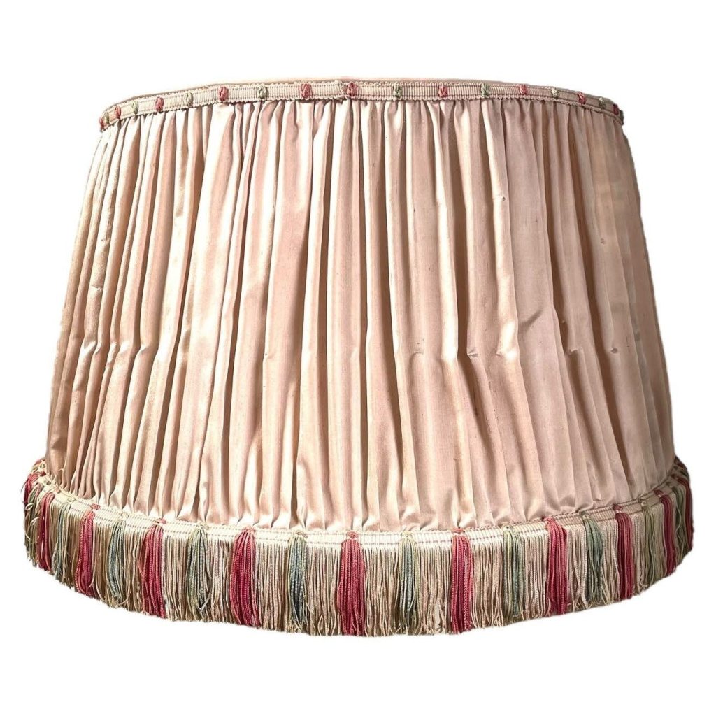 Vintage French Worn Damaged Green Pink Beige Pleated Cotton Tassel Fringe Lamp Shade Lampshade Large Ceiling Light c1950’s