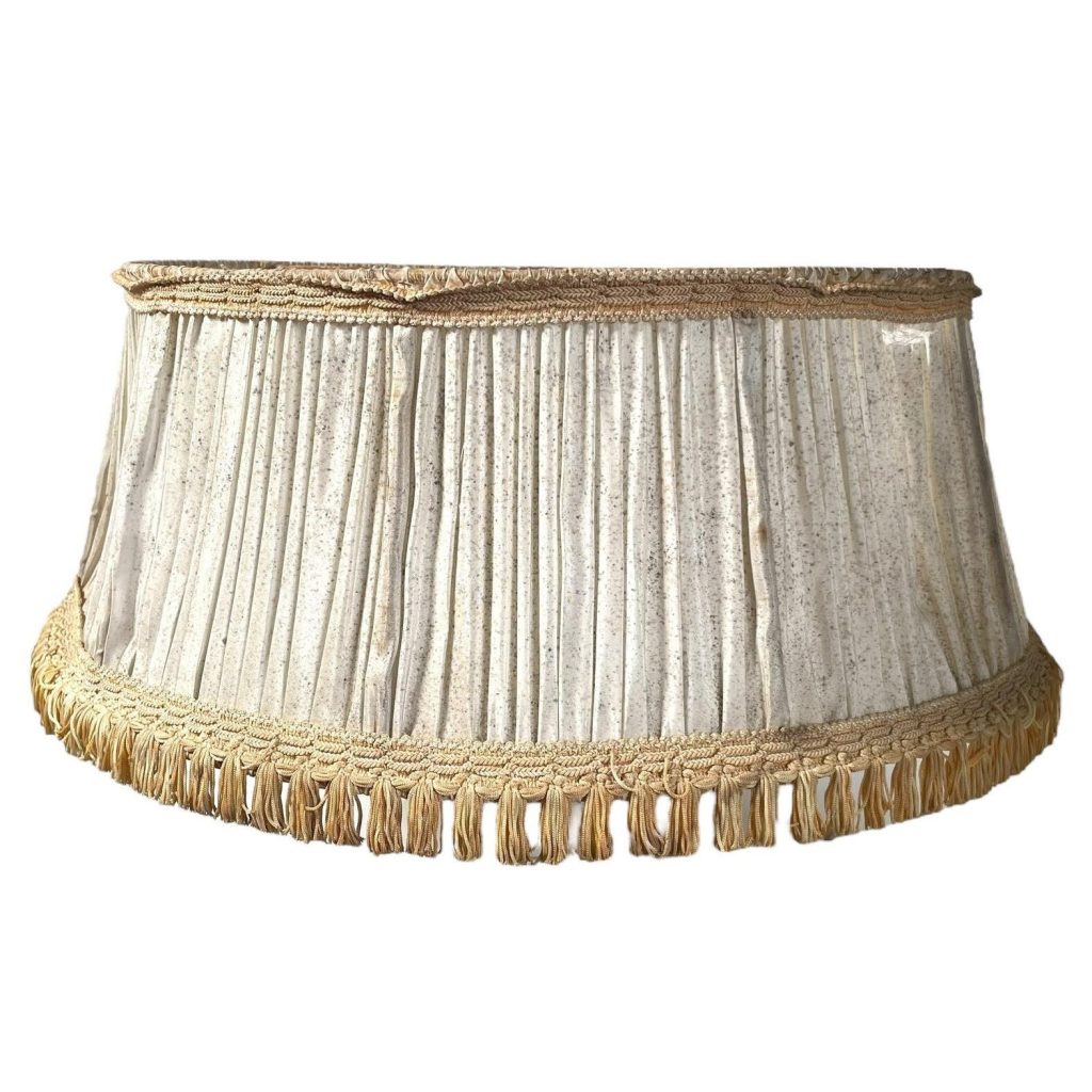 Vintage French Worn Damaged Beige Yellow Pleated Tassel Fringe Lamp Shade Lampshade Large Ceiling Light c1950’s
