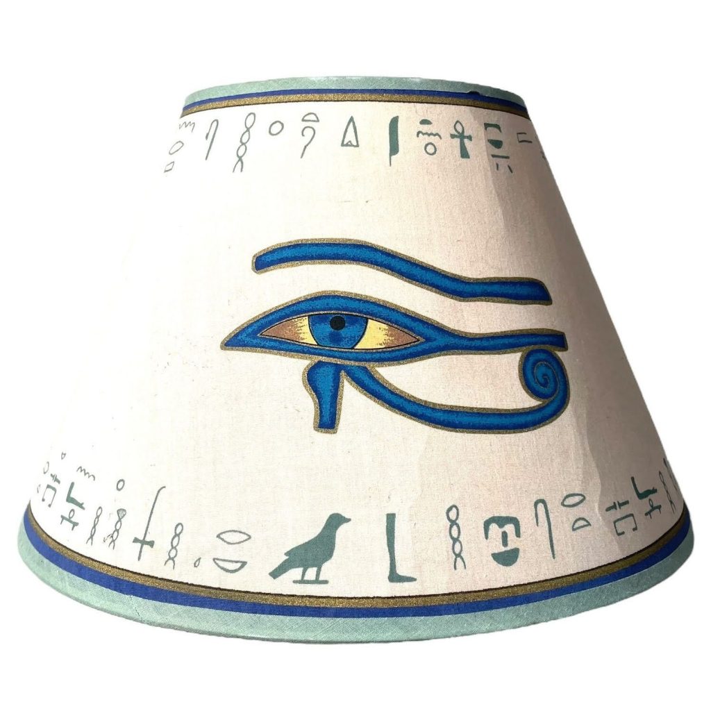 Vintage French Beige Blue Egyptian Hieroglyphics Lamp Shade Lampshade Desktop Desk Light c1990’s