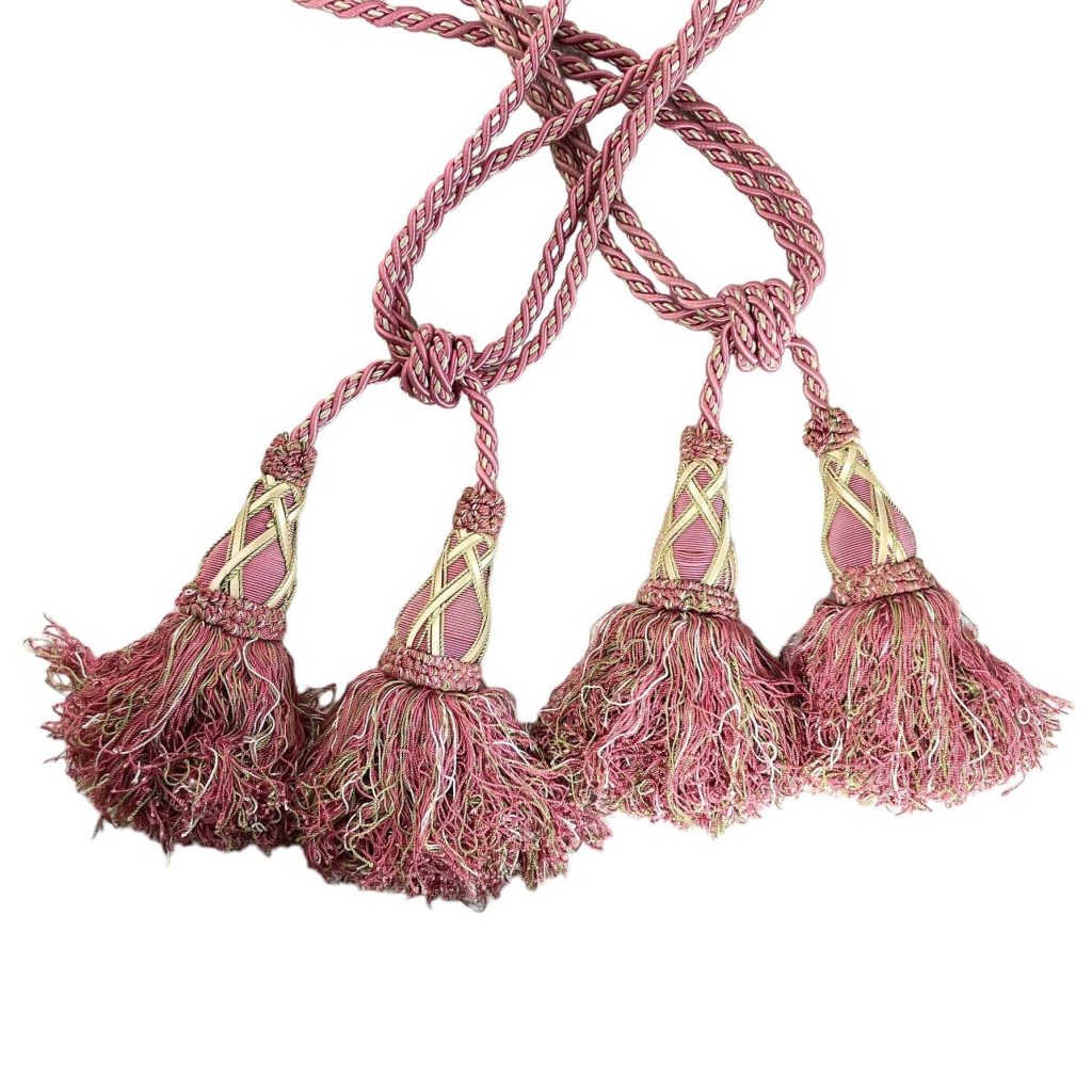 Vintage French Tassels Pink Gold Curtain Pullbacks Ties Tiebacks Curtains Large Tassel Tie Ribbons Rope 1970’s