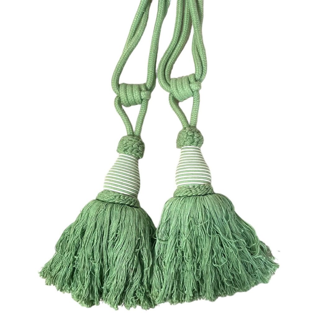 Vintage French Tassels Green Cotton Curtain Pullbacks Ties Tiebacks Curtains Large Tassel Tie Ribbons Rope 1980’s